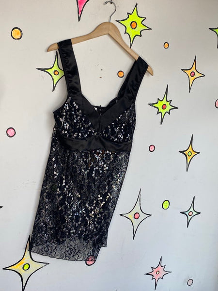 Black Metallic Lace Slip Dress | Whimsy Goth Fairy Grunge Sheer Lingerie Dress M