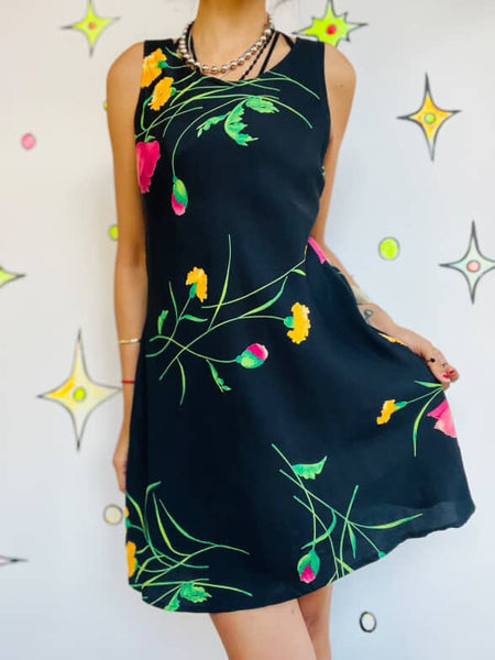 90s Y2K Whimsy Goth Floral Mini Dress – Fairy Grunge Boho Witchcore – S