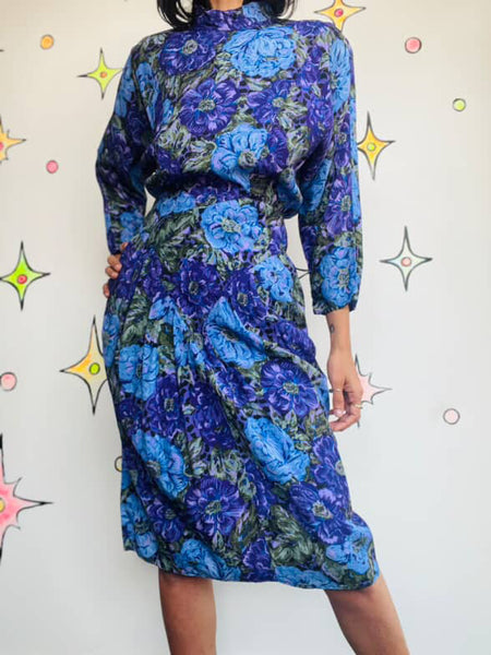 Vintage 1980s Purple Floral Batwing Secretary Dress - Boho Grunge Midi - Small