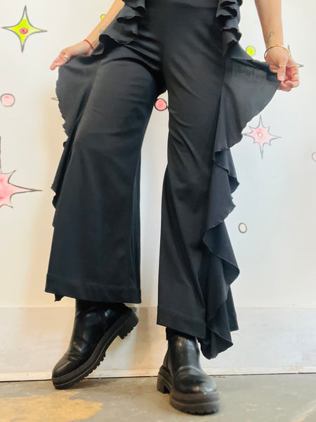 Vintage 1970s Black Ruffled Disco Jumpsuit | Glam Flare Party Catsuit | Small