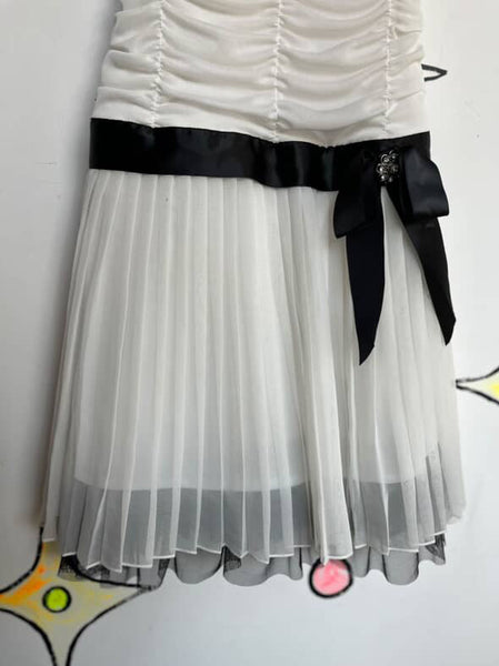 Y2K Ruched White & Black Bow Coquette Babydoll Mini Dress Flapper Fairycore XS-S
