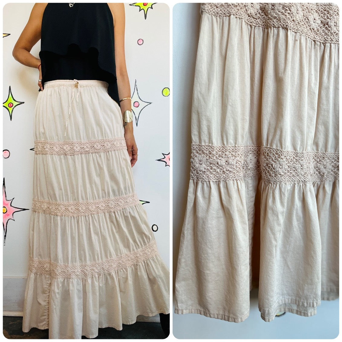 Vintage 90s Y2K Off White Boho Tiered Lace Maxi Skirt – Fairy Grunge Coquette SM