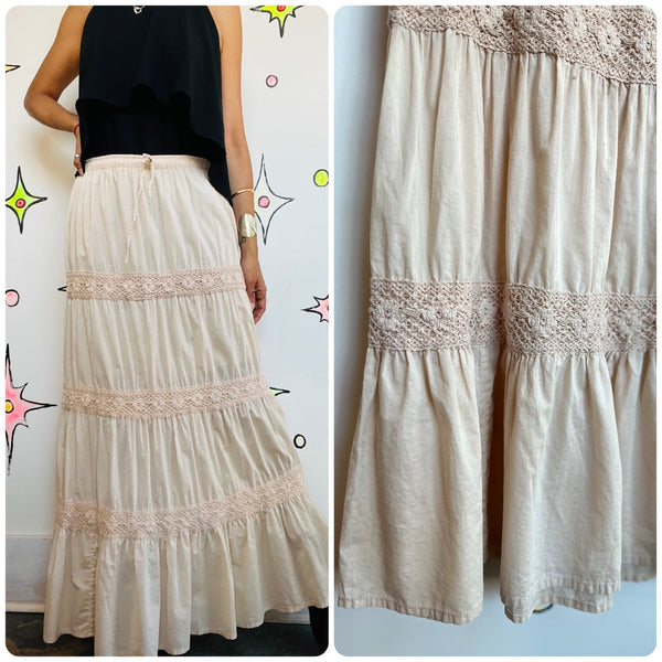 Vintage 90s Y2K Off White Boho Tiered Lace Maxi Skirt – Fairy Grunge Coquette SM