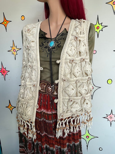 Vintage 80s 90s Off-White Silk Crochet Fringe Beaded Western Boho Vest M