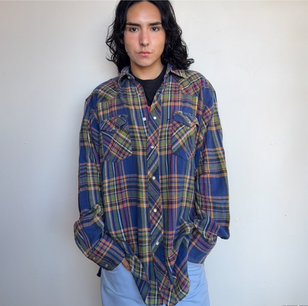 Vintage 90s Wrangler Pearl Snap Flannel Oversized Western Grunge Shirt
