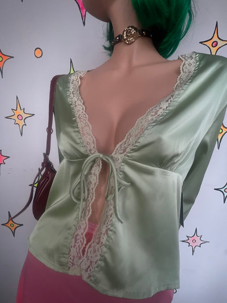 Green Satin Lace Layering Top Fairy Grunge Babydoll Lingerie Style S/M