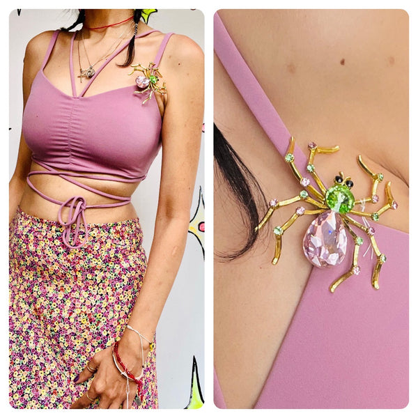 Vintage Y2K | Beaded Metal Art Deco Rococo Revival Goth Spider Charm Pin Brooch