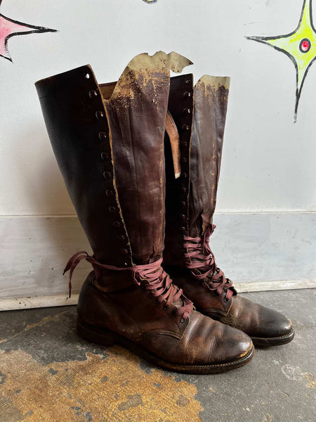 Original WWI Era U.S. Officer's Tall Leather Boots - Vintage Brown Knee-High Men's 12