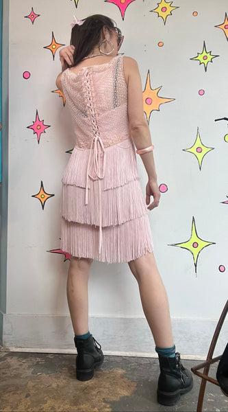 Pink Silk Beaded Fringe Gatsby 1920s Revival Flapper Art Deco Party Dress S