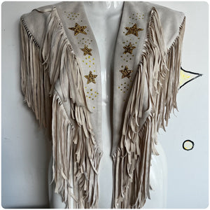 Retro Western Embellished Off White & Gold Faux Suede Fringe Collar Capelet