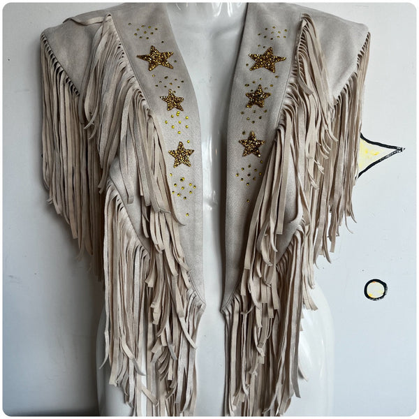 Retro Western Embellished Off White & Gold Faux Suede Fringe Collar Capelet