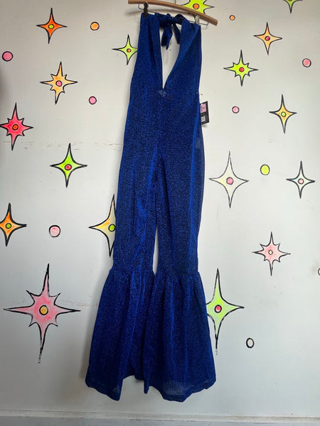 Blue Metallic Glitter Disco Halter Jumpsuit Glam Bellbottom Groovy Retro S
