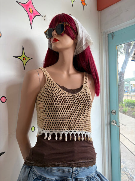 90s Beige Crochet Mermaidcore Crop Top Embellished Shells Fairy Grunge Boho S