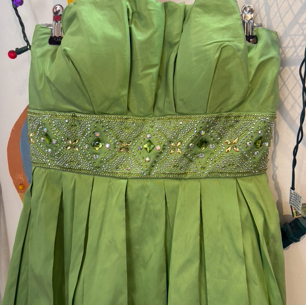 Y2K Lime Green Fairy Formal Satin Bedazzled Rhinestone Cupcake Mini Dress S