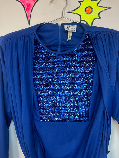 Vintage 80s Blue Glitter Sequin Party Dress ' Old Money Glam ' Shoulder Pads XL