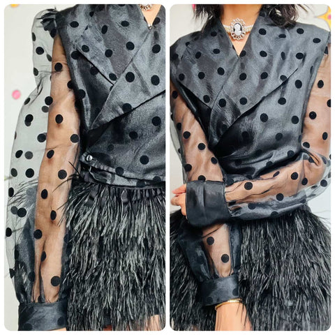🖤 Vintage 80s Black Polka Dot Whimsy Goth Blazer Top - Sheer Puff Sleeves - S