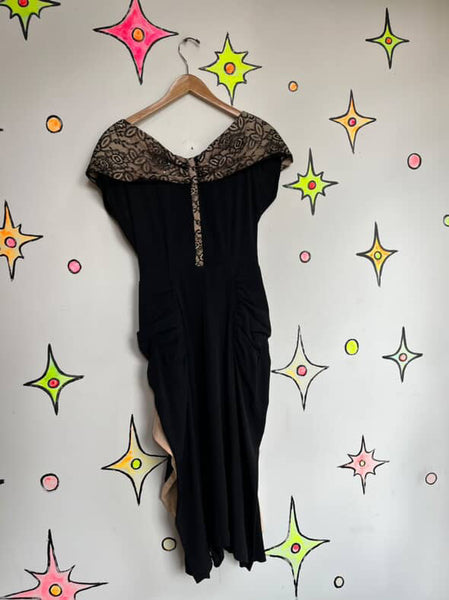 1950s Black Mermaid Wiggle Cocktail Dress | Cascade Ruffles | Old Hollywood | ML