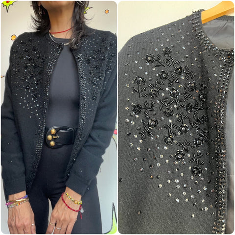 Vintage 1950s | Beaded Black Boho Grunge Whimsy Goth Wool Cardigan Sweater | M L