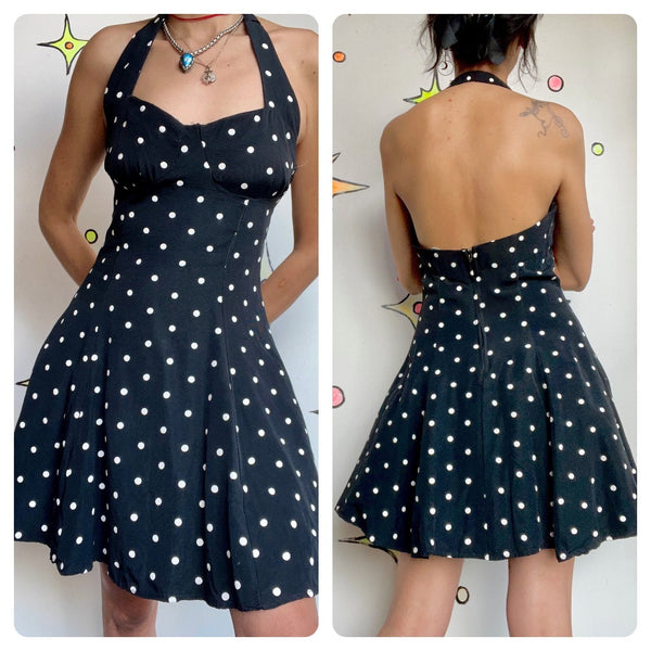 Vintage 80s does 40s 50s Black & White Polka Dot Mini Halter Crinoline Dress 7 8