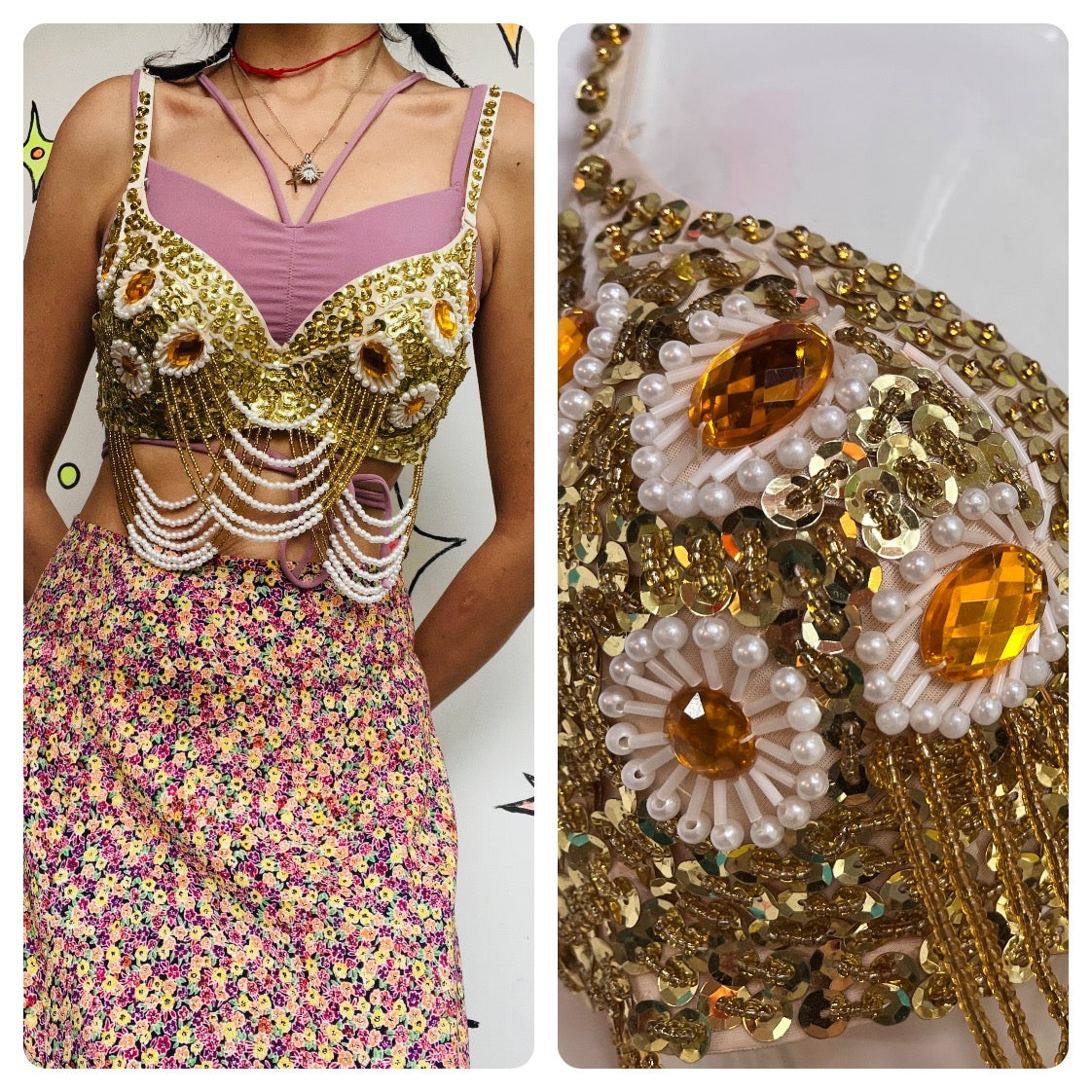 Vintage Gold Beaded Boho Hippie Gypsy Bellydancer Selena Seqin Bustier Bra Top