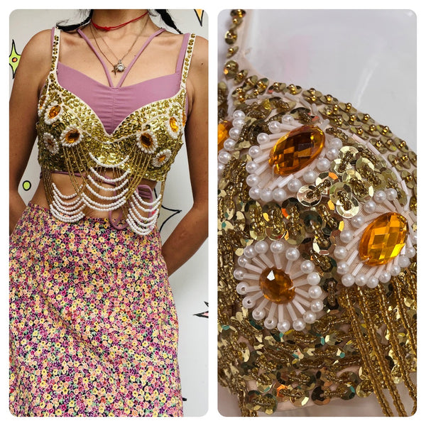 Vintage Gold Beaded Boho Hippie Gypsy Bellydancer Selena Seqin Bustier Bra Top