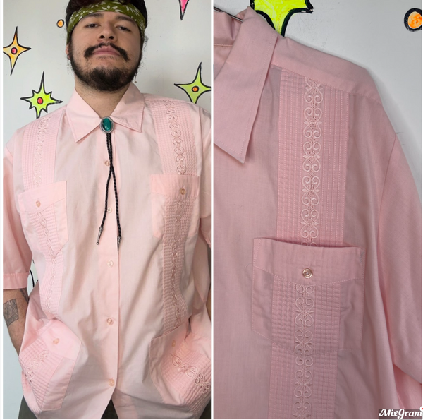 Pastel Pink Guayabera Shirt | Latin Cuban Classic Button-Up Haband Style – XL