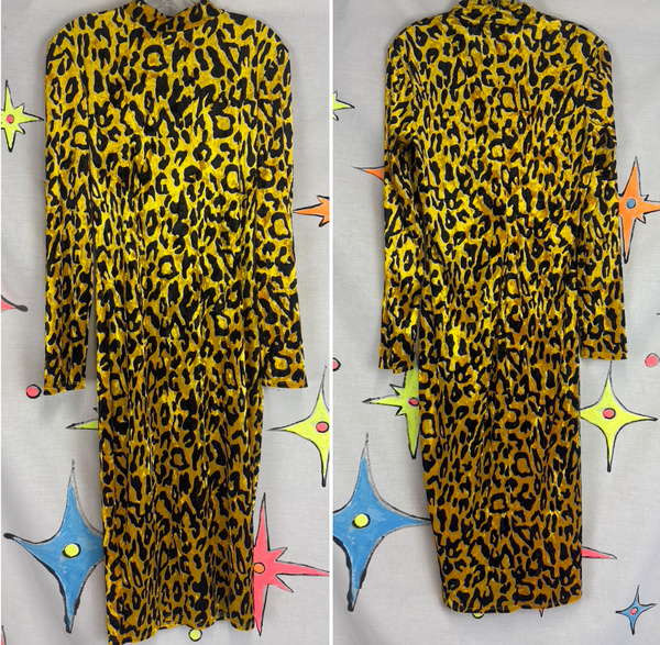 Vintage Y2K Yellow Crushed Velvet Leopard Dress Cyber Goth Vixen Glam Pin Up L