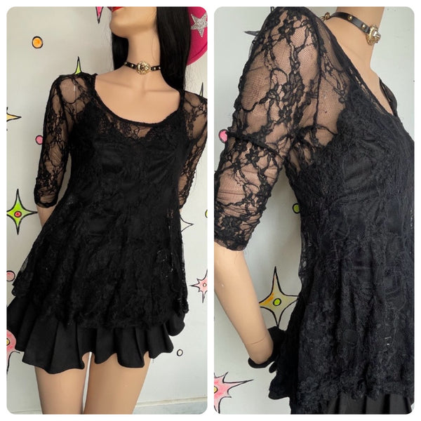 Y2K Black Lace Sheer Top | Whimsy Goth Y2K Babydoll Fairy Grunge Romantic S/M