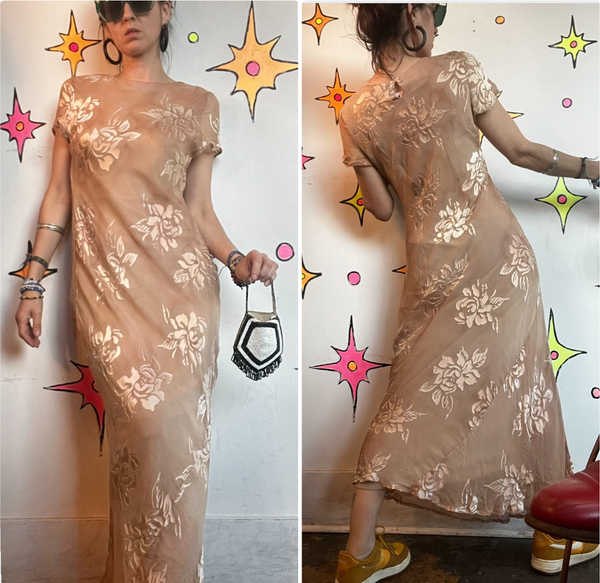 90s Blush Velvet Burnout Maxi Dress Silk Blend Ethereal Fairy Grunge Gown - S