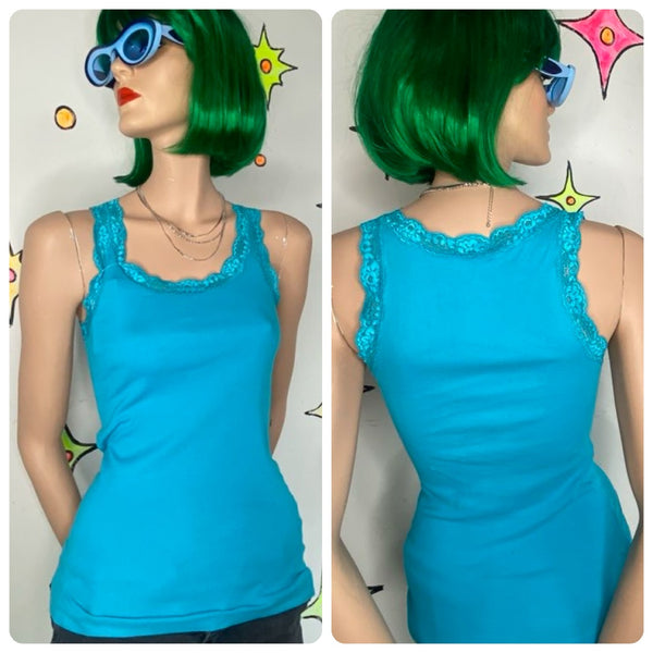Vintage Y2K Teal Lace Trim Fairy Grunge Cami Faded Glory Layering Tank Top - S