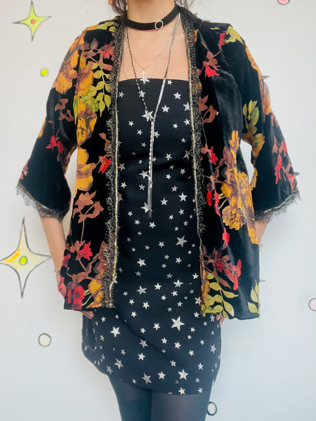 Black Velvet Kimono Floral Burnout Shimmer | Sheer Witchy Whimsy Goth Fairy | L