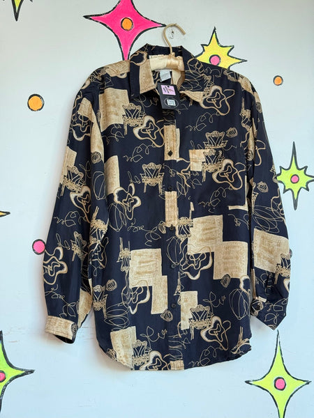 Vintage 90s Abstract Silk Shirt | Artsy Whimsy Goth Wearable Art Button Up L