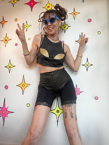 Y2K Handmade Alien Rave Set Metallic Crop Top Micro Shorts Cyber Goth Costume L