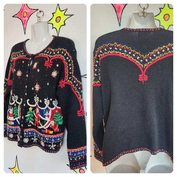 Vintage 90s | Santa Christmas Tree Tacky Ugly Embellished Christmas Sweater | M