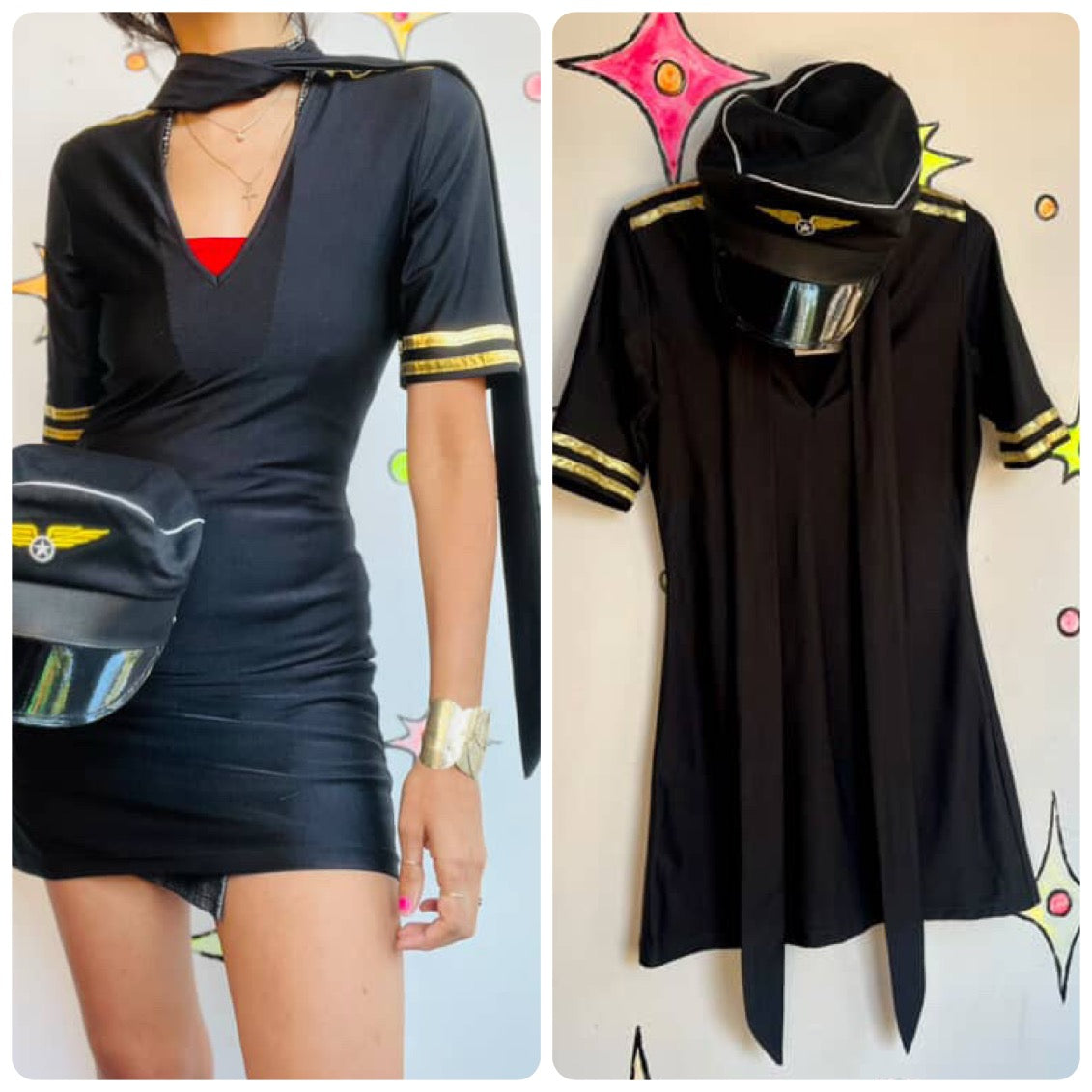 Black & Gold Sexy Pilot Flight Attendant Halloween Costume | Includes Hat | M