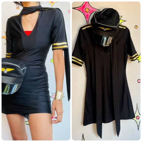 Black & Gold Sexy Pilot Flight Attendant Halloween Costume | Includes Hat | M