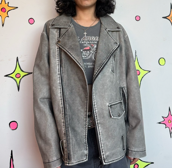 Y2K Distressed Vegan Leather Jacket | Grunge Goth Cyber Punk Rocker Jacket L