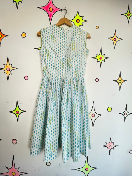 Vintage 1950s White Blue Floral Twirl Dress Retro Rockabilly Fit & Flare S