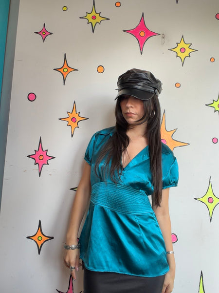 Y2K Teal Satin Blouse | Office Siren Glam Academia Shimmer Top Medium