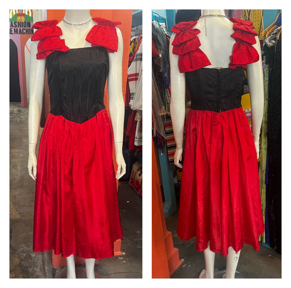 Vintage 80s | Red and Black Poofy Prom Party Dress | Small