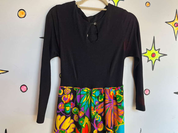 70s Psychedelic Floral Maxi Dress - Rainbow - Boho Fairy Grunge Witch - Small