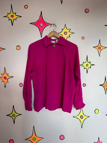 Vintage 80s Hot Pink Silk Blouse Bright Pink Glam Office Siren Top Maximalist M