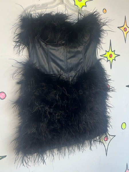 Black Feather Bustier Dress Party Mini Feather Trim Pleather Glam Night Out M/L