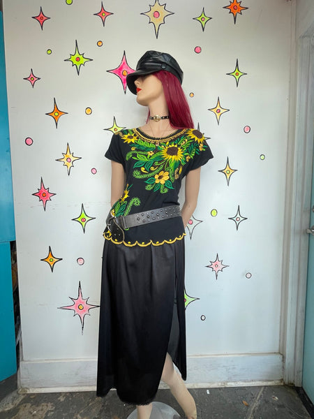 Mexican Embroidered Sunflower Top Black Boho Grunge Whimsigoth L