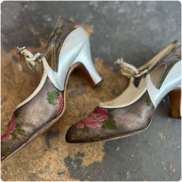 Antique 1920s Art Deco Floral Brocade Silver Lamé & Leather Mary Jane Heels – 6