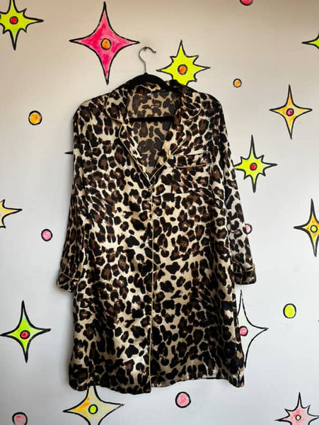 Vintage 90s Sheer Leopard Robe or Mini Dress | Pin-Up Lounge Glam Sleepwear | S