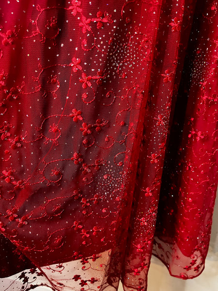 Vintage 90s Y2K Red Glitter Fairy Grunge Formal Strapless Holiday Maxi Dress – M