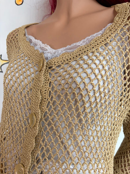 90s Prairie Beige Crochet Lace Cardigan Boho Western Whimsy Grunge | L