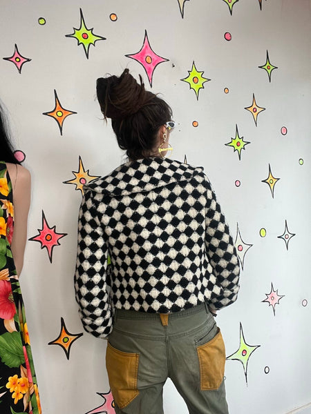 Y2K Black & White Vegan Fur Crop Coat Harlequin Clowncore Glam 60s Style - S