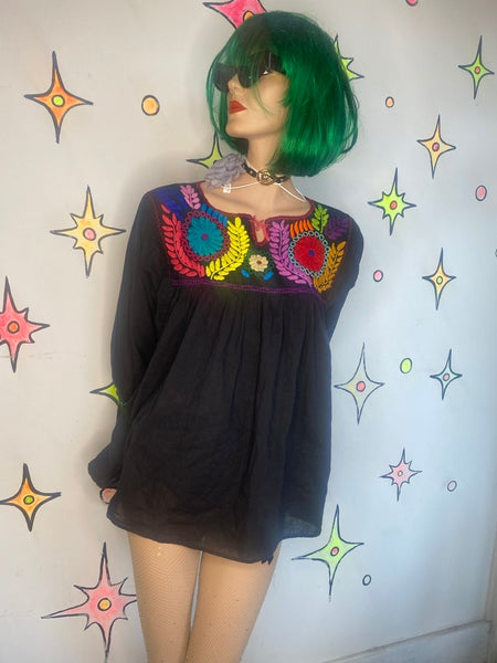Vintage Black w Rainbow Hand Embroidered Mexican Oaxacan Huipil Blouse S/M